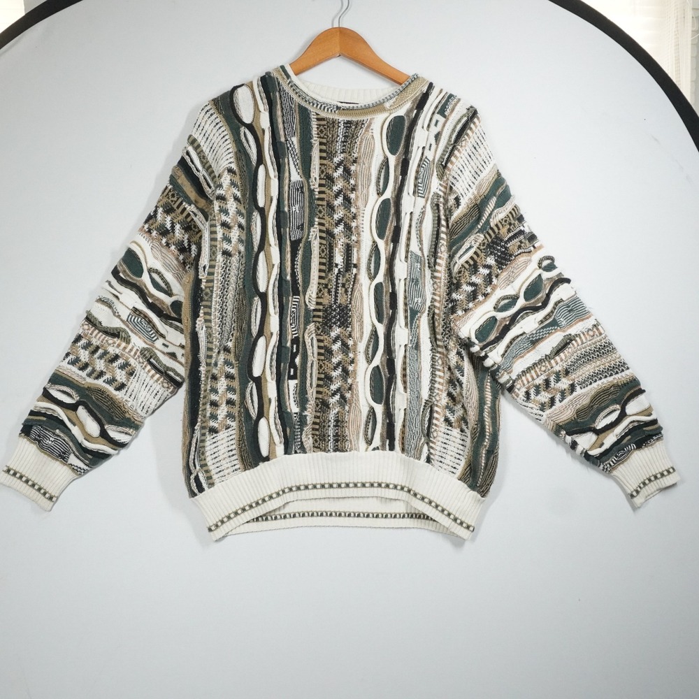 J Ferrar Mens 3D Textured Knit Sweater Green Cream Tan Abstract Coogi Style M